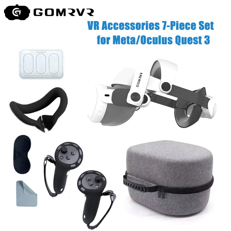 GOMRVR For Meta/Oculus Quest 3 Accessories Adjustable Comfortable Head Strap Carrying Case Silicone Protective Cover Set