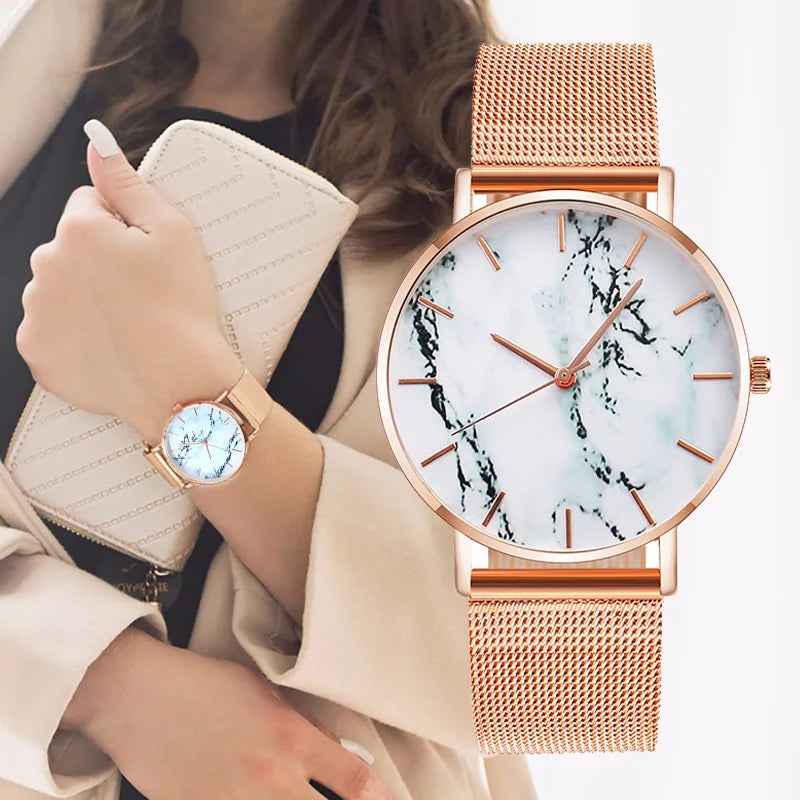 Rose Gold Mesh Band Marble Watch - Innovative Interventions